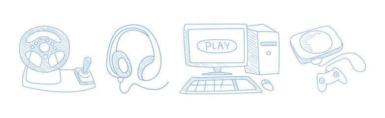 Computer Game Playing Hand Drawn Object and Item Vector Set