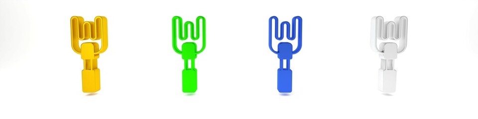 Colorful Garden rake icon isolated on white background. Tool for horticulture, agriculture, farming. Ground cultivator. Housekeeping equipment. Minimalism concept. 3D render illustration