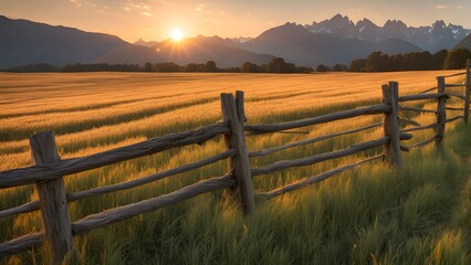 Fototapeta premium A rustic split rail wooden fence in a golden wheat field with the sun setting behind distant mount, AI Generated