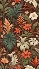 Tropical exotic pattern with animal and flowers in bright colors and lush vegetation