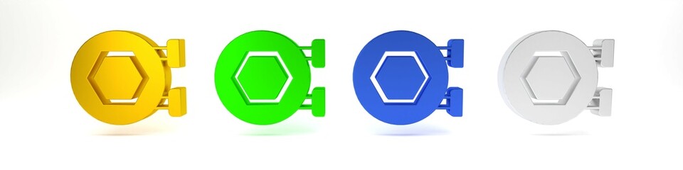 Colorful Hanging sign with honeycomb isolated on white background. Signboard icon. Honey cells symbol. Sweet natural food. Minimalism concept. 3D render illustration