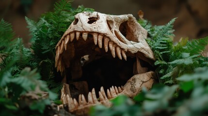Fototapeta premium A realistic dinosaur skull is submerged in a forest setting, surrounded by lush green ferns, providing a glimpse into prehistoric times and nature's resilience.