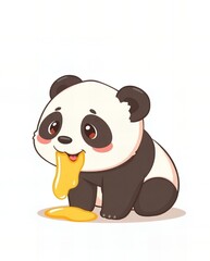 cartoon panda eating a banana with a smile on his face.