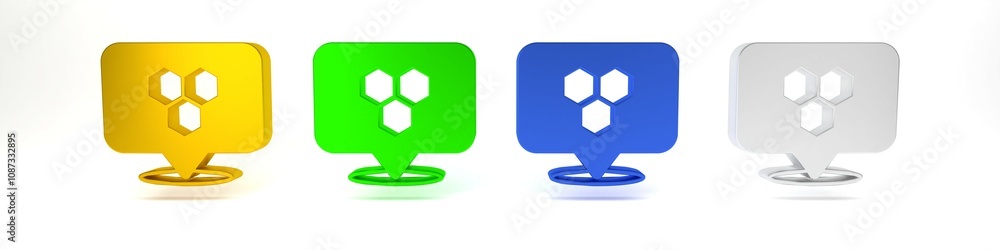 Poster colorful honeycomb bee location map pin pointer icon isolated on white background. farm animal map p