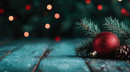 A red ornament and pine sprigs rest on a rustic wooden surface, conjuring a warm, traditional Christmas atmosphere ideal for cozy winter settings.