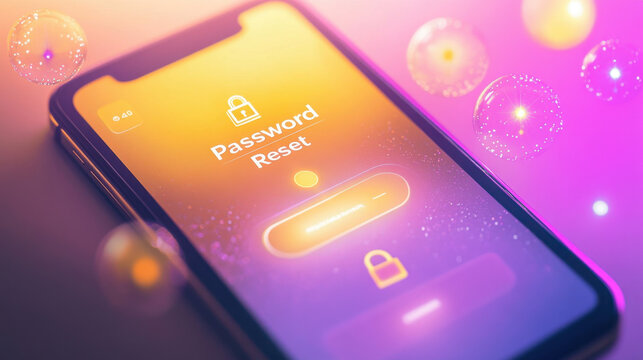  Victim of Cybercrime. A mobile screen displays a vibrant password reset interface with a lock icon, highlighting digital security and user authentication.