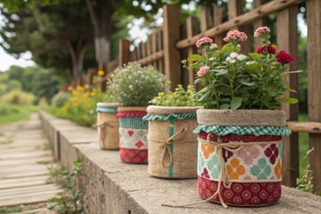 Beautifully decorated flower pots lined along a garden pathway with colorful blooms under a clear sky