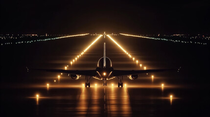 Passenger airplane positioned on a runway at night, surrounded by glowing lights in a symmetrical pattern under a dark sky  .