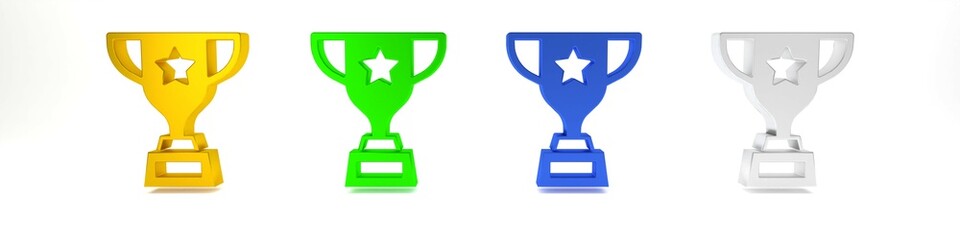 Colorful Award cup icon isolated on white background. Winner trophy symbol. Championship or competition trophy. Sports achievement sign. Minimalism concept. 3D render illustration