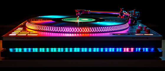 A dj turntable and neon lights