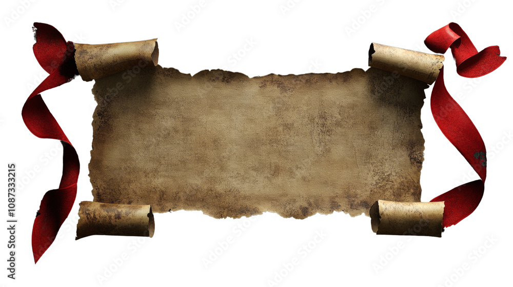 Poster weathered parchment scroll with curled edge and red ribbon on transparent background