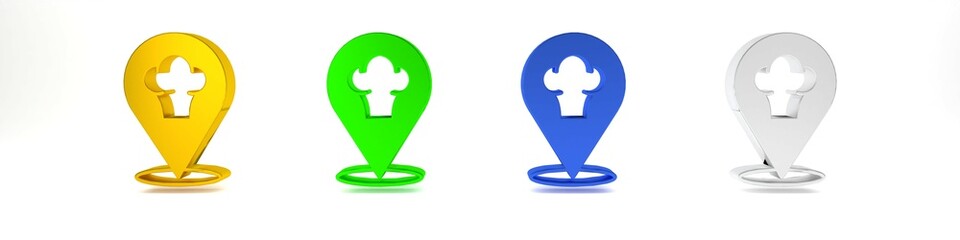 Colorful Chef hat with location icon isolated on white background. Cooking symbol. Cooks hat. Minimalism concept. 3D render illustration