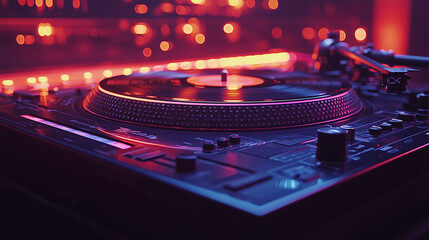 A dj turntable and neon lights