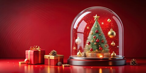 A Festive Christmas Tree Encapsulated in a Glass Dome, Adorned with Red and Gold Ornaments, and Surrounded by Wrapped Gifts and Pine Cones on a Red Background