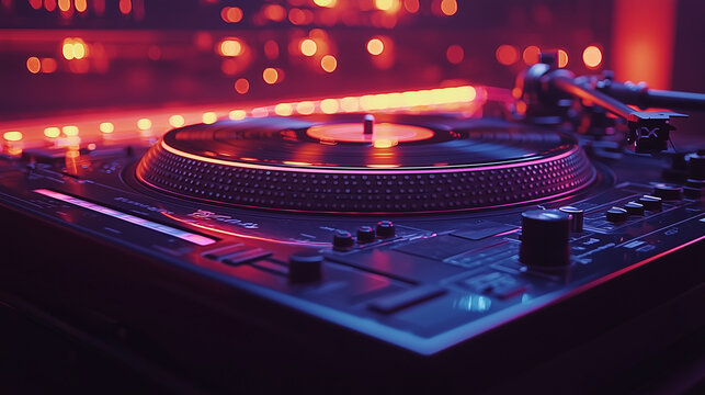 A dj turntable and neon lights