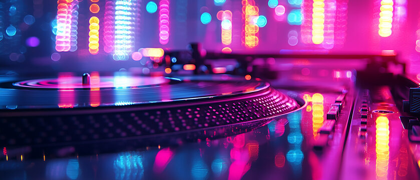 A dj turntable and neon lights