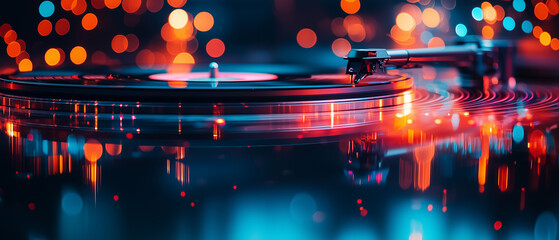 A dj turntable and neon lights