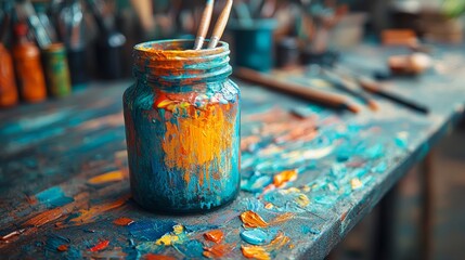 Creative Workshop for Brainstorming and Innovative Ideas Featuring Paint and Art Supplies on a Vibrant Worktable Surrounded by Colorful Tools