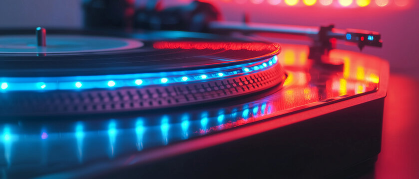A dj turntable and neon lights