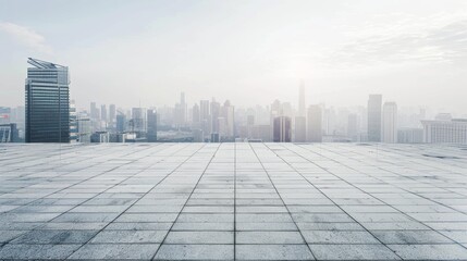 Fototapeta premium Empty square floor with city skyline background, City skyline with a futuristic utopian vision, utopian urban landscape embodying progress and harmony