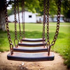 A close-up of a rusty swing set, with chains hanging loosely. The shallow focus blurs the background, emphasizing the abandoned childhood dreams and the eerie stillness of the scene