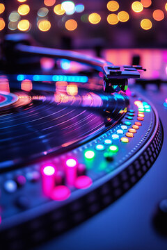 A dj turntable and neon lights