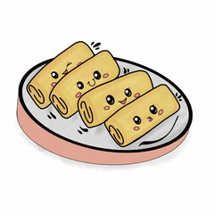 Cute Kawaii Spring Rolls with Adorable Faces on a Plate
