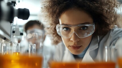 Diverse team of biotech researchers collaborating on a breakthrough cell therapy project examining test results and utilizing state of the art medical equipment in a clean