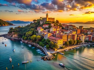 Stunning Aerial View of Lerici at Dusk Showcasing the Serene Coastline, Vibrant Sunset Colors, and Charming Seaside Architecture in Italy's Beautiful Bay Area