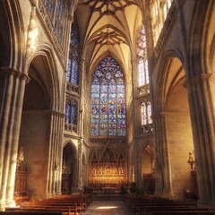 Naklejka premium majestic Gothic cathedral with towering spires and intricate stained glass windows