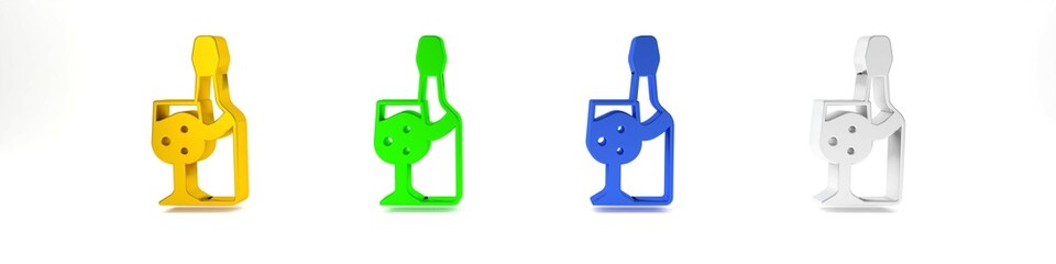 Colorful Champagne bottle with glass icon isolated on white background. Minimalism concept. 3D render illustration
