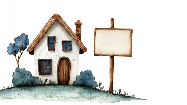 A charming illustrated house with a sign reading 'OPNE HOUME', set in a serene landscape. Perfect for home and welcome themes.