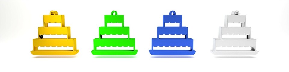 Colorful Cake with burning candles icon isolated on white background. Happy Birthday. Minimalism concept. 3D render illustration
