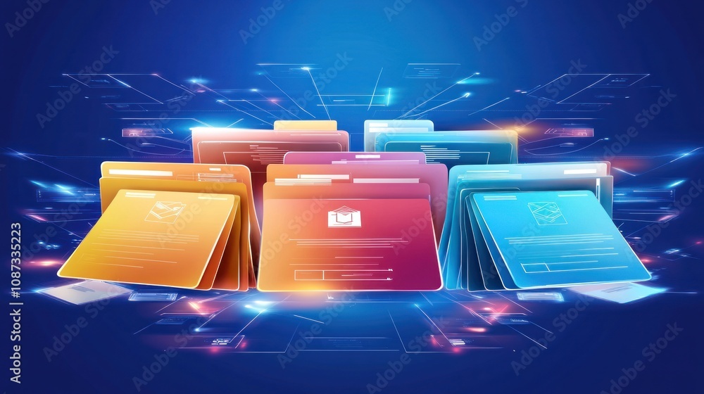 Poster digital folders representing data organization and management in a tech environment.