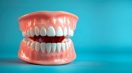 Obraz premium A detailed view of dentures on a blue background highlighting dental care, dentist clinic advertisement with copy space
