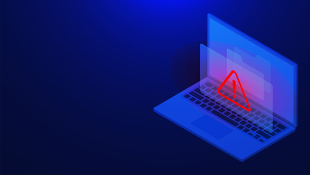 Document folder with warning of virus malware and cybercrime. Hacking online fraud on isometric laptop on dark blue background
