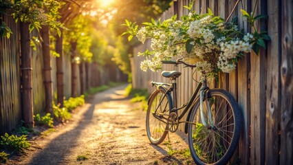 Fototapeta premium A bicycle leans against a rustic wooden fence, adorned with delicate white blossoms bathed in the warm glow of the setting sun.