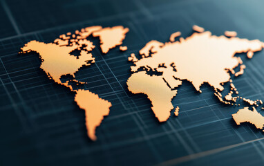 Stylized world map rendered in metallic hues, highlighting global geography with elegant simplicity, ideal for travel, business, and educational themes.