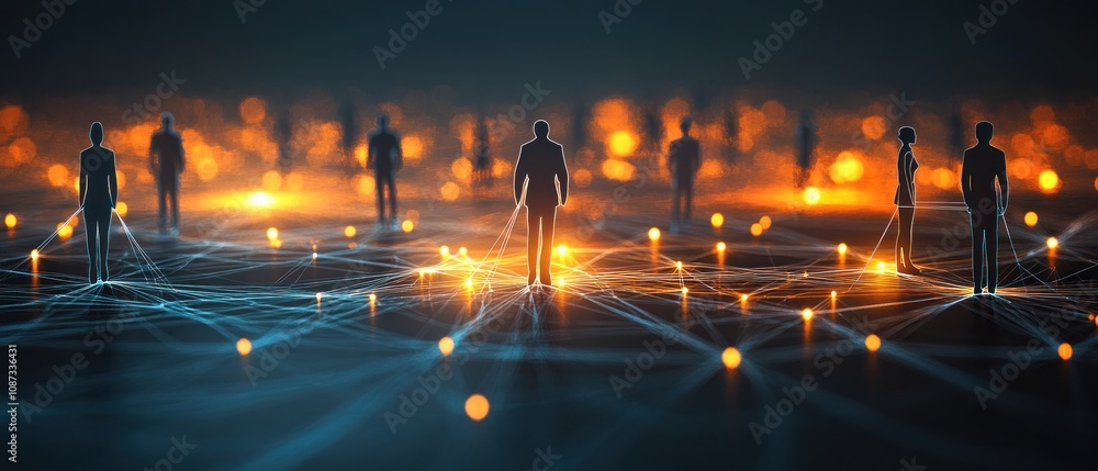 Poster abstract representation of human connections and networks with glowing nodes.