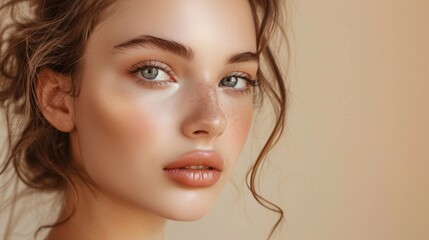 Fototapeta premium Portrait of a Young Woman with Perfect Skin and Natural Makeup, Capturing the Essence of Beauty and Elegance Against a Soft Neutral Background