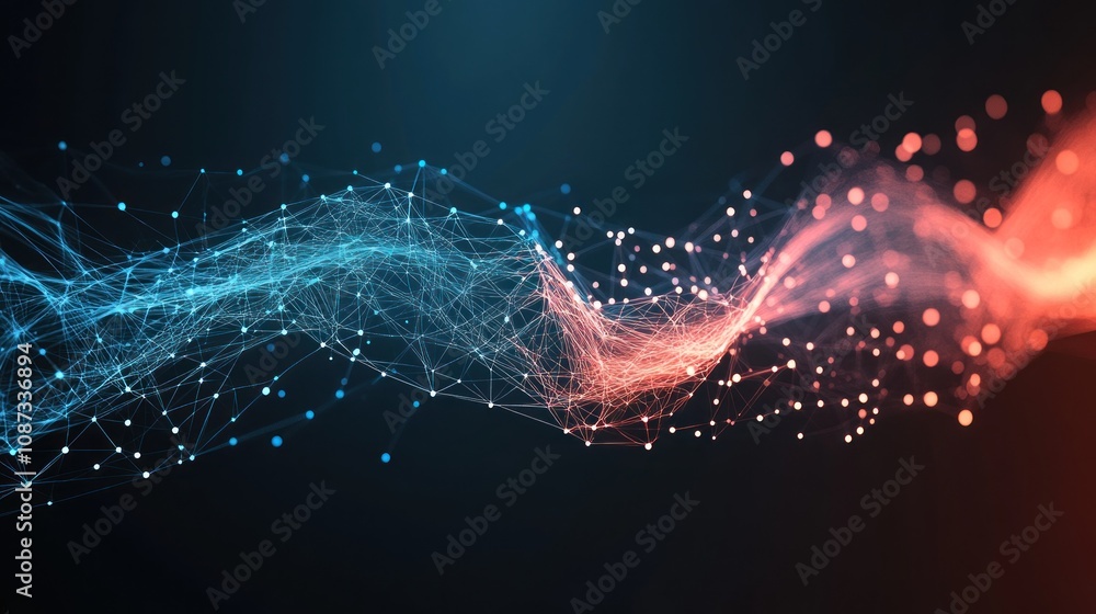 Poster abstract digital wave with blue and red particles representing data flow and connectivity.