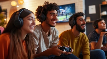 Three friends are playing video games in a living room