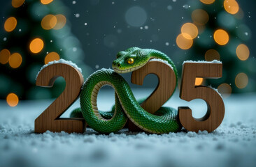 Wooden numbers 2025 in snow, where the number 0 is replaced by a green snake coiled in rings. Chinese New Year symbol