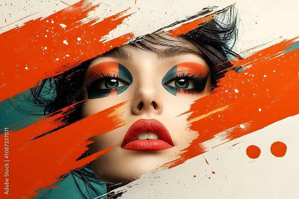 Poster captivating retro pop art woman with enigmatic expression in dynamic complementary palette compositi