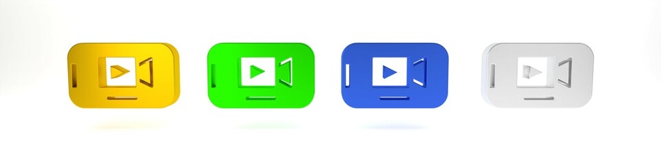 Colorful Online play video icon isolated on white background. Smartphone and film strip with play sign. Minimalism concept. 3D render illustration