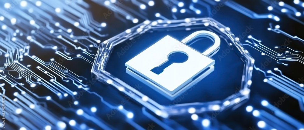 Poster digital padlock symbolizing cybersecurity on a circuit board background.