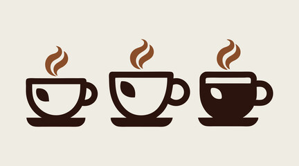 three stylized coffee cups with steam and coffee bean designs