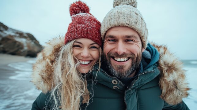 A happy couple with winter hats smiling warmly, standing close against a beach backdrop. The image captures love, joy, and the essence of togetherness.