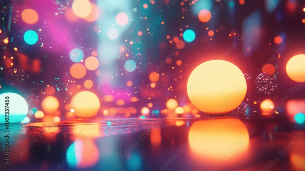 Poster a vibrant abstract scene with glowing orbs and colorful bokeh effects.
