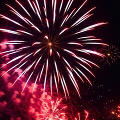Fototapeta premium From above, extreme wide shot of fireworks lighting up a sprawling red sky, the focus pull transitioning from the far-off, softly glowing explosions to the sharp, vibrant fireworks directly beneath th